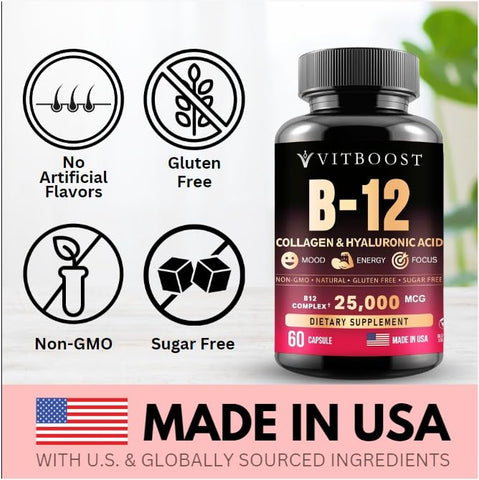 VITBOOST - B12 com Ácido Hialurônico, Colágeno e Folato – 25000 mcg Suplemento de B12 Metilcobalamina | Maximiza Absorção | Marca: Maximize