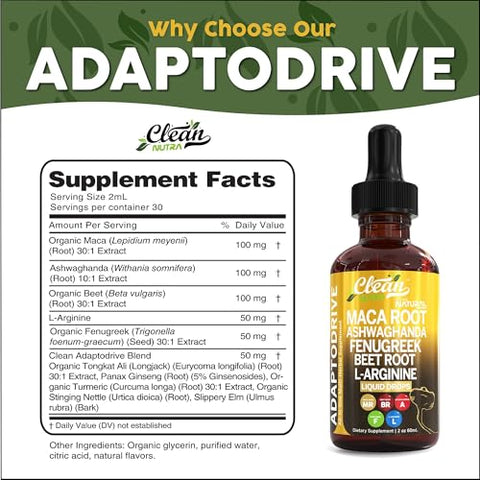 Clean Nutraceuticals - Maca Root Liquid Drops com Ashwagandha, Fenugreek, Beet Root e L-Arginine – Multivitamínico Líquido para Mulheres e Homens – Adapto Drive by Clean Nutra