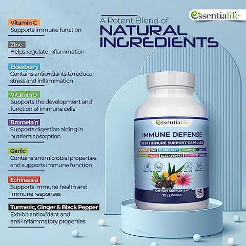 Essentialife - Suplemento 10 em 1 para Suporte Imunológico: Sabugueiro, Equinácea, Vitamina D, Vitamina C 1000mg