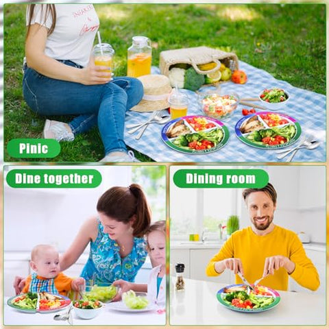 Singhoow - Conjunto de 4 Pratos Tigelas de Controle de Porção com 2 Pares de Talheres em Aço Inoxidável – 8.5 Polegadas – Prato Dividido Automedidor para Dieta e Perda de Peso – Alimentação Equilibrada para Adultos