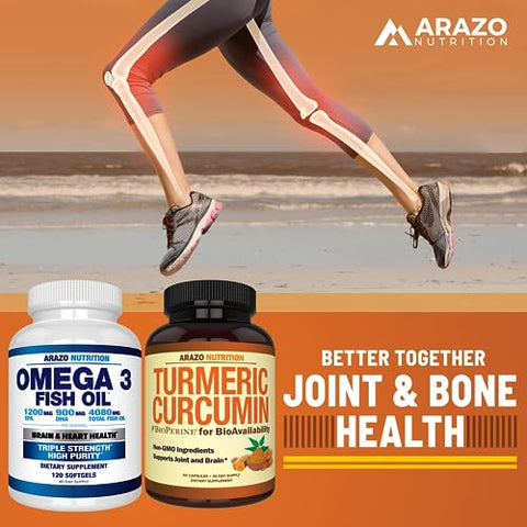 Cúrcuma Curcumina com BioPerine 1300mg e Pimenta Preta – Suplemento Nutricional para Suporte Articular – Cápsulas de Raiz de Cúrcuma 100% Herbal - Arazo Nutrition