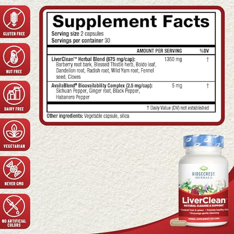 RidgeCrest Herbals - Ridgecrest Herbals LiverClean – Suporte Herbal para o Fígado, Cardo Abençoado, Dente-de-leão, Desintoxicação, Limpeza, Bile Saudável (60 Cáps, 30 Porções)