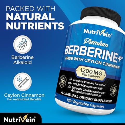 Premium Berberine HCL 1200mg + Canela Ceylon Orgânica – 120 Cápsulas – Suporte ao Sistema Imunológico e Gerenciamento de Peso – Suplemento Berberine HCI - Nutrivein