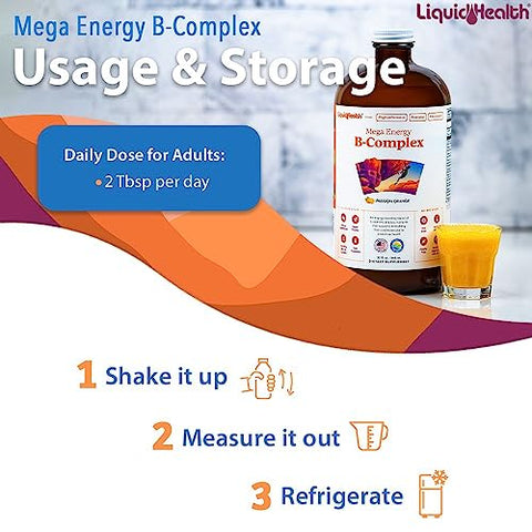 Mega Energy B-Complex Líquido – Aumente a Energia, Alivie o Estresse – Vitaminas Líquidas para Adultos - LIQUIDHEALTH