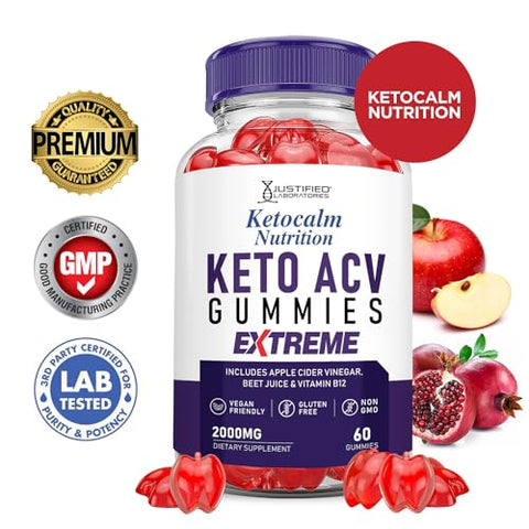 Justified Laboratories - Ketocalm Nutrition Gummies Extreme 2000MG ACV Keto Calm Nutrition Apple Cider Vinegar Pomegranate Beet Juice Powder B12 Vegan Non GMO 60 Gummys