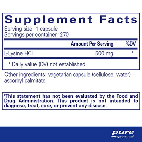 Suplemento de Aminoácido Essencial L-Lisina da Pure Encapsulations para Suporte Imunológico
