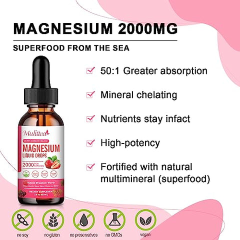 Mulittea - (2 Pacotes) Magnésio Glicinato Líquido, 1000mg com Alta Potência de Magnésio Glicinato 500mg, Citrato 500mg, Sem Açúcar, Vegano, Complexo Suplementar Não-OGM Promove