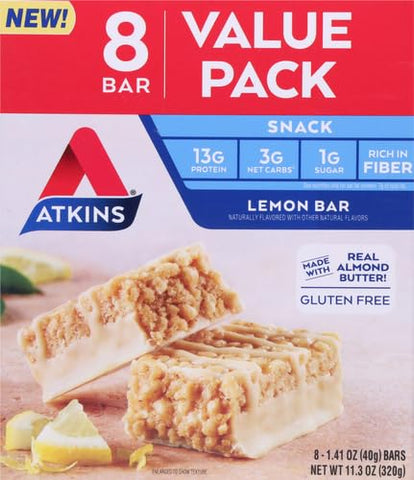 Barra de Snack de Limão Atkins, com Manteiga de Amêndoa Real, 1g de Açúcar, Sem Glúten, Rica em Fibras, Amigável para a Dieta Keto, 8 Unidades