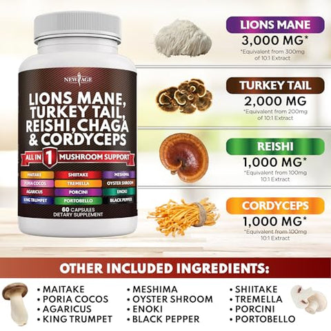 Suplemento de Cogumelo Lion’s Mane 3000mg 20 em 1 com Turkey Tail 2000mg Reishi 1000mg Cordyceps Chaga 1000mg e Raiz de Marshmallow - NEW AGE