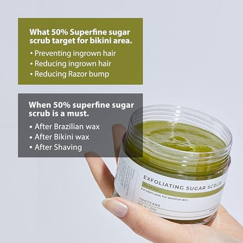 YNOTCARE - Esfoliante de Açúcar para Área Íntima do Biquíni, Pele Sensível, Previne Pelos Encravados e Irritações Após Depilação com Cera e Barbear do Biquíni, Tea Tree/250g
