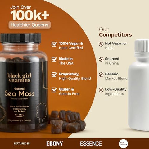 Black Girl Vitamins - Vitaminas para Meninas Negras | Gomas de Algas Marinhas – Sea Moss Irlandês com Bladderwrack | 60 g