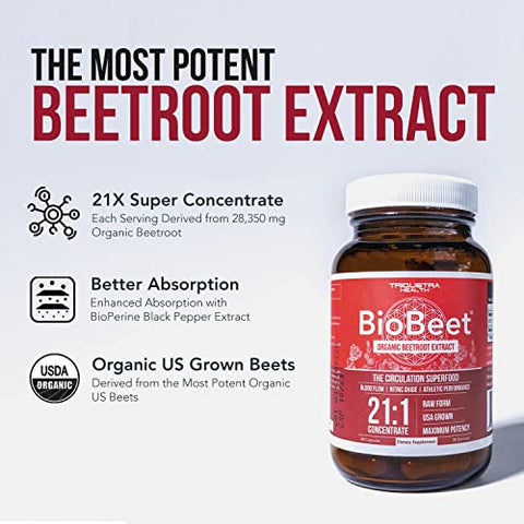 Triquetra Health - BioBeet® Max Força Cápsulas de Raiz de Beterraba – Concentrado 21:1, Cada Porção Derivada de 28.350 mg de Beterraba Orgânica – Aumento da Absorção com Extrato de Pimenta Preta BioPerine®