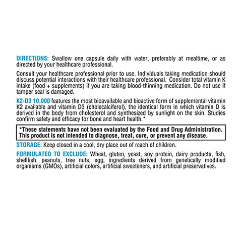 K2-D3 10000 – Vitamina D3 K2 – Vitamina D 10.000 UI (Colecalciferol) com Vitamina K2 MK-7 – Saúde do Coração, Arterial e Óssea – Suporte Imunológico (60 cápsulas) - XYMOGEN