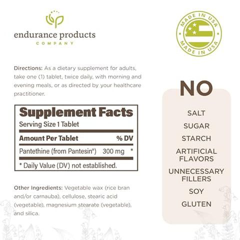 Endurance Products - Pantetina Pantesin 300mg – Suplemento de Vitamina B5 de Liberação Sustentada para o Metabolismo Lipídico