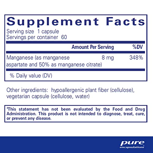 Manganês (Aspartato/Citrato) | Suplemento Mineral Traço Hipoalergênico para Tecido Conjuntivo e Ossos | 60 Cápsulas - Pure Encapsulations