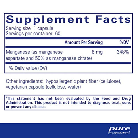 Manganês (Aspartato/Citrato) | Suplemento Mineral Traço Hipoalergênico para Tecido Conjuntivo e Ossos | 60 Cápsulas - Pure Encapsulations