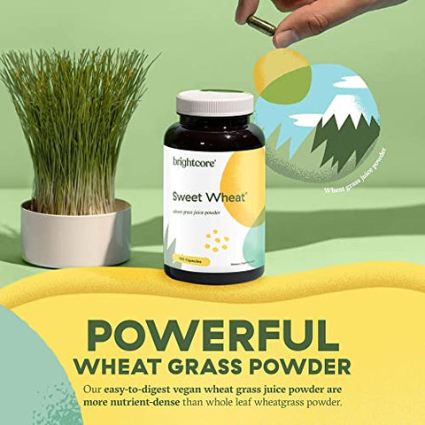 Brightcore - Nutrition Sweet Wheat: Athletic Greens Prontos para Beber, Super Greens com Enzimas Digestivas para Saúde Digestiva e Impulso Imunológico, 180 Cápsulas de Pó de Suco de Capim de Trigo