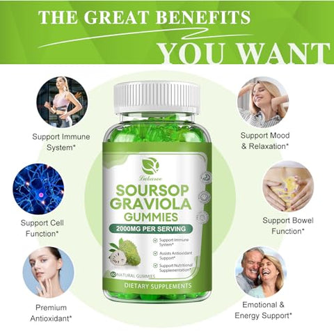 Lukaree - Soursop Graviola Gummies (2 Pacotes) – 2000mg Extrato de Folhas de Graviola com Vitamina C e Zinco – Fortalecimento Extra