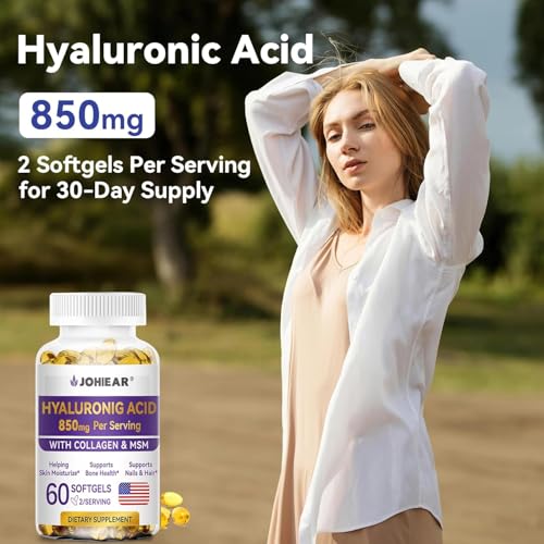 Johiear - Suplemento de Ácido Hialurônico 850mg em Cápsulas de Alta Bioacessibilidade para Hidratação da Pele, Lubrificação das Articulações, Saúde Ocular e Capilar