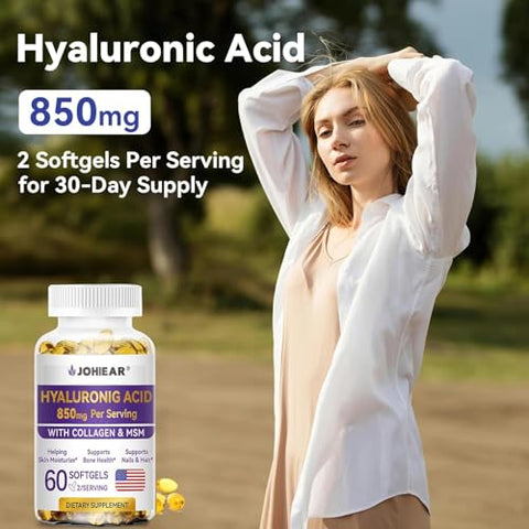 Johiear - Suplemento de Ácido Hialurônico 850mg em Cápsulas de Alta Bioacessibilidade para Hidratação da Pele, Lubrificação das Articulações, Saúde Ocular e Capilar