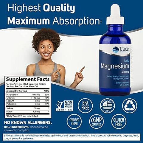 Magnésio Iônico Líquido 400 mg | Mantém Funções Essenciais do Corpo | 120 ml (32 Porções) - Trace Minerals