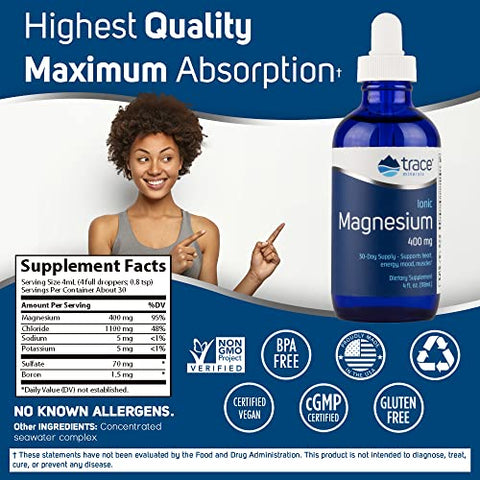 Magnésio Iônico Líquido 400 mg | Mantém Funções Essenciais do Corpo | 120 ml – Pacote com 2 (64 Porções) - Trace Minerals