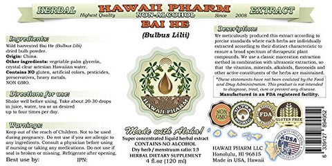 Bai He Extrato Líquido Sem Álcool, Bulbo de Lírio Glicerito, Hawaii Pharm Herbal Natural 2×60 ml