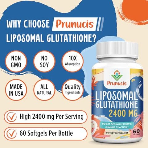Prunucis - 2400MG Liposomal Glutationa, L-Glutathione Reduzida, Suplemento de Glutationa com Vitamina C, Antioxidantes Mestres, Absorção Aprimorada – Suplementos Antioxidantes Não GMO, Imunidade