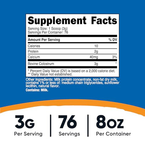 Pó de Colostro 227g, Lactoferrina e Mínimo de 30%% Imunoglobulinas (IgG), do Colostro Bovino, 3g Por Porção, 76 Porções - Nutricost