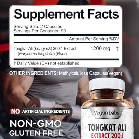 Extrato de Tongkat Ali 200:1, 1200MG Por Porção – 180 Cápsulas Veganas – Energia e Resistência – Livre de Glúten, Não-OGM – Qualidade Premium - Vegan Labs