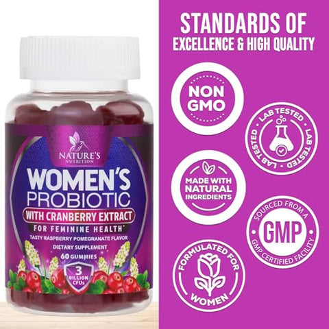 Nature's Nutrition - Probiótico em Goma para Mulheres – Suporte à Saúde Digestiva, 3 Bilhões de UFC Probiótico Feminino para pH Vaginal, Urinário