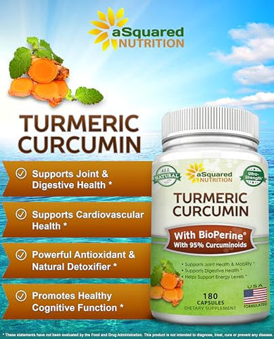 Cúrcuma Curcumina 1600mg com Extrato de Pimenta Preta BioPerine – 180 Cápsulas com 95%% Curcuminoides, 100%% Pó de Raiz de Cúrcuma Natural, Suplementos Naturais para Articulações - aSquared Nutrition