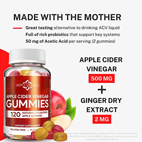 SIMPLE WONDERS - Gomas de Vinagre de Maçã com A Mãe – Gomas de ACV para Desintoxicação e Limpeza – Marca Apple Cider Vinegar
