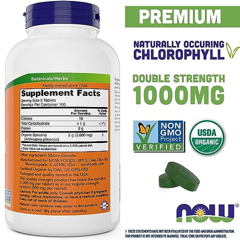 Spirulina Orgânica 1000mg – 300 Comprimidos – Não-OGM, Suplemento Alimentar Verde Super – Dupla Força 1000 mg – Beta-Caroteno Natural (VIT A), B-12 - NOW Foods