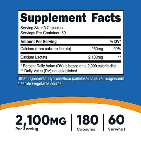 Calcium Lactate 2,100mg – 180 Cápsulas Veganas, Sem OGM e Sem Glúten – 60 Porções - Nutricost