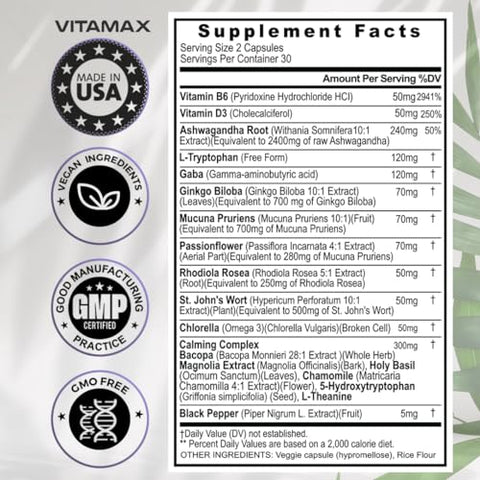 Vitamax - GABA 500mg 5 HTP 150mg Ginkgo Biloba L Tryptophan 500mg L Theanine 200mg Ashwagandha 2000mg – Vitaminas Calmantes para Homens e Mulheres – Fabricado nos EUA (60 Unidades)