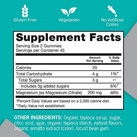 Gummies de Magnésio para Adultos, 200mg Citrato de Magnésio de Alta Absorção, Suporte para Saúde dos Nervos/Ossos, Saúde Muscular, Vegetariano, 90 Unidades (embalagem de 1) - Qunol