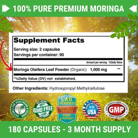 Moringa Oleifera 180 Cápsulas – Pó de Folha 100% Puro – Suprimento de 3 Meses – Não Transgênico e Sem Glúten – Suplemento Completo de Superfood Verde – Energia, Metabolismo e - FRESH HEALTHCARE