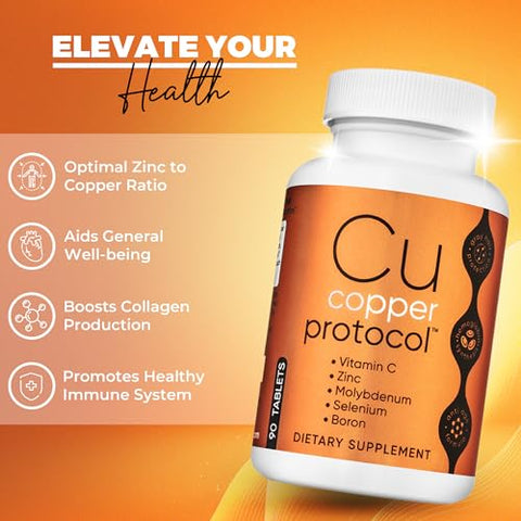 Copper Protocol - Suplemento Mineral em Tabletes com Cobre, Zinco, Vitamina C, Selênio, Boro e Molibdênio – 90 Tabletes/Frasco