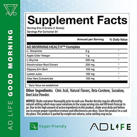 PROJECT AD LLC - Projeto AD Life Good Morning Detox e Performance Drink – Sabor Natural com L-Glutamina, Vinagre de Maçã e Aloe Vera (24 Porções, Extraído Fresco)