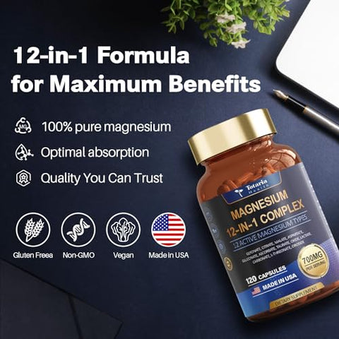 Totaria - Magnésio Complexo 700mg 12 em 1 Suplemento de Magnésio com Glicinato Citrato Malato Óxido Taurato Aspartato Orotato Relaxamento de Magnésio, Suporte Muscular e Cardíaco, Vegano 120 Cápsulas