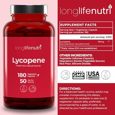 LongLifeNutri - Lycopene 50mg 180 Cápsulas Vegetarianas | Suplemento Saúde | Extrato Natural de Tomate Não-OGM | Pó Puro