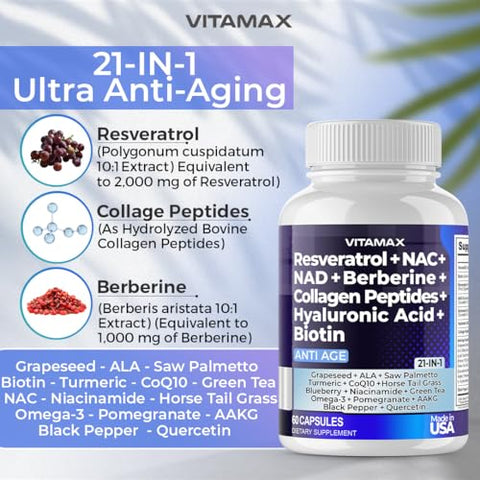 Vitamax - Resveratrol NAD Berberina Ácido Hialurônico – Biotina Uva | 30g