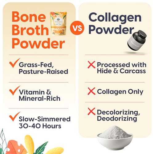 Proteína em Pó de Caldo de Osso Orgânico de Carne Bovina 100% Natural, Rico em Probióticos Ativos, Colágeno Peptídeo 15g de Proteína, Baixo Teor de Sódio, Benefícios para Pele, Cabelo, Articulações e Intestino - Paradise Naturals