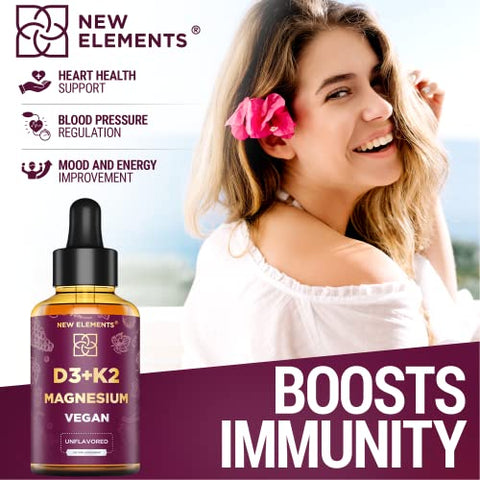 New Elements - VIT D3 K2 Líquido 10000UI com Magnésio Glicinato 5mg | Gotas de VIT D3 K2 para Adultos | Mk7 Vitamina K2 100mcg | Suplemento de Vitamina D3 K2 para Homens
