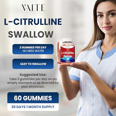 VAITE - L Citrulline Gummies para Homens – Poderoso Vasodilatador com Cálcio, 1600mg por Porção, Força Extra, Aumenta a Produção de Nitroxil e Óxido Nítrico, Suporta Energia e Resistência