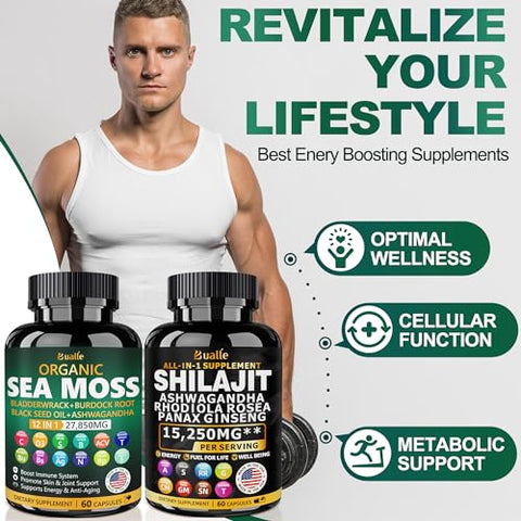 Bualle - Pacote Sea Moss e Shilajit – 60 unidades – Sea Moss 18000mg, Óleo de Semente Preta 4000mg, Ashwagandha 1000mg, Gengibre