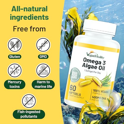 Ômega 3 Vegano – 60 Cápsulas de Óleo de Algas à Base de Plantas, Ácidos Graxos Essenciais com DHA Vegano para Articulações e Coração - Vegan Vitality