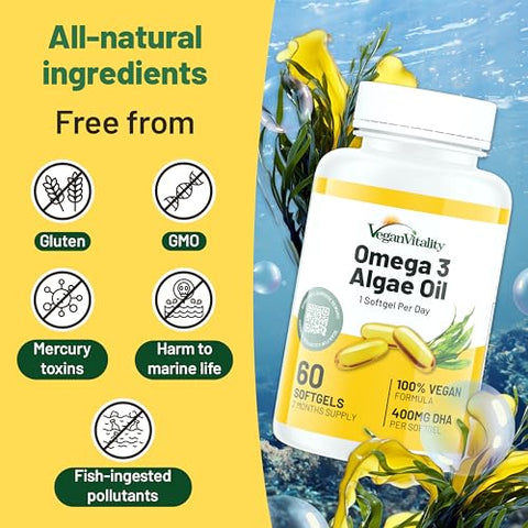 Ômega 3 Vegano – 60 Cápsulas de Óleo de Algas à Base de Plantas, Ácidos Graxos Essenciais com DHA Vegano para Articulações e Coração - Vegan Vitality