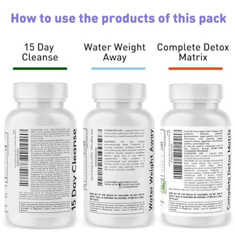 Youth & Tonic - Detox Cleanse Kick Off – Gerenciamento de Peso e Limpeza Extra do Cólon. 4 unidades para Perda de Água, Inchaço, Barriga Lisa, Retenção de Líquidos com Vinagre de Maçã, Folha de Sene, Glucomanano